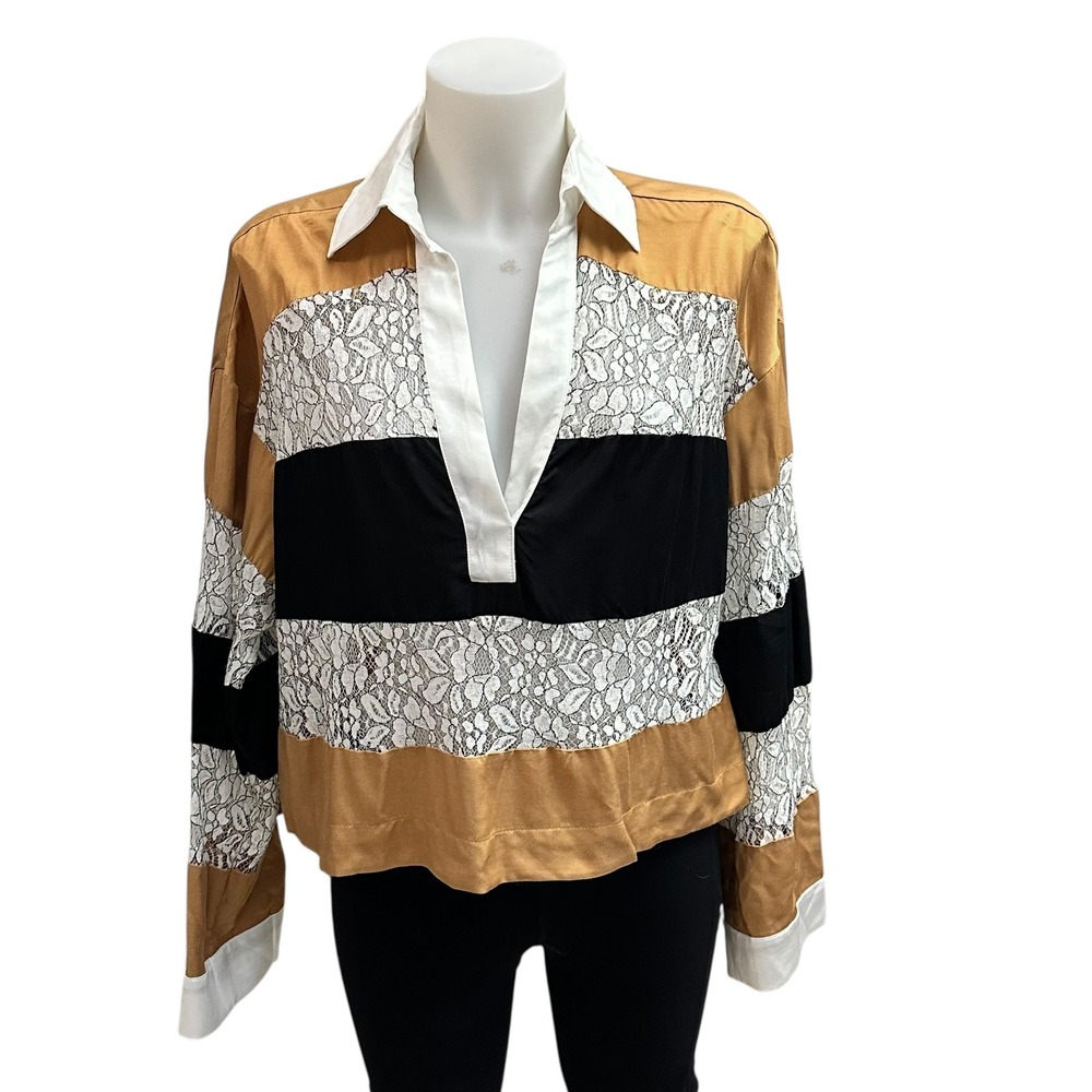 Maeve Long-Sleeve Paneled Rugby‎ Top Cropped Lace Collared sz Small